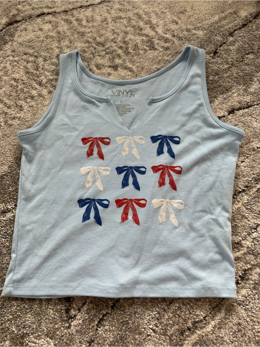 T.J.Maxx Light Blue Tank Top with Red, Navy & Cream Bow Embroidery